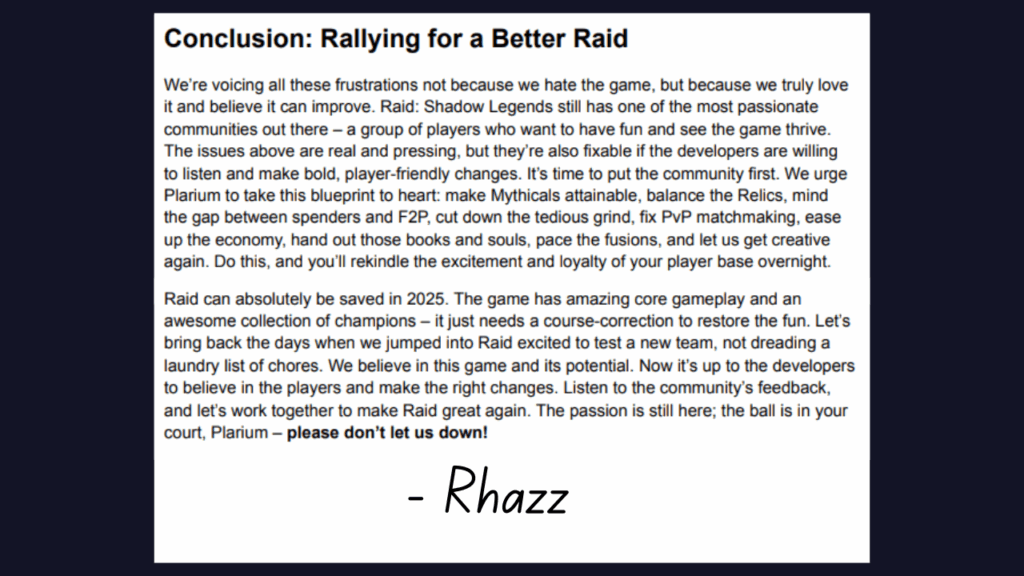 Community Blueprint to Save Raid: Shadow Legends (2025) – by Rhazz